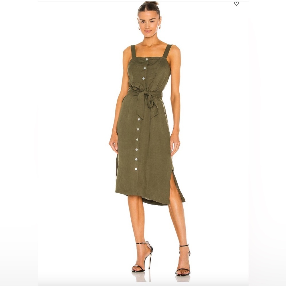 NWT Rails Clement Linen Blend Button Front Belted Midi Dress Olive Size